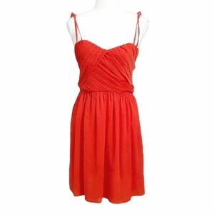 The KOOPLES CARDINAL RED SPAGHETTI STRAPS PLEATED FLOWY MINI CHIFFON DRESS - XS